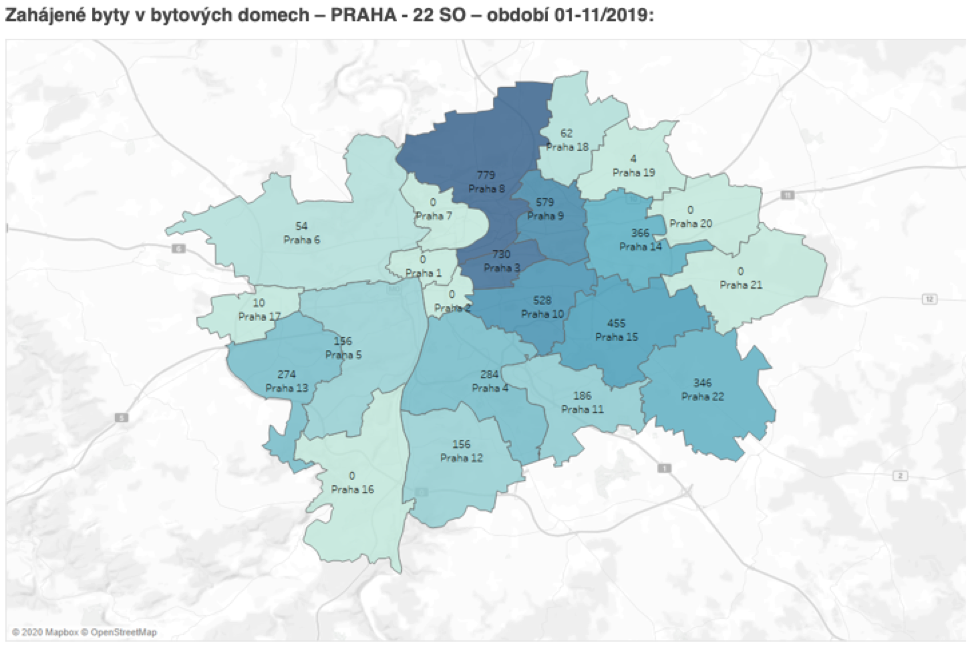 Map of Prague showing started apartments in apartment buildings