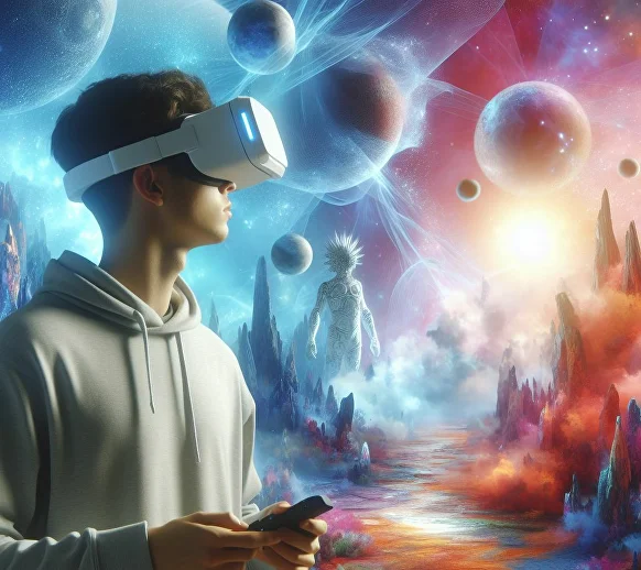  Молодой человек, используя VR-гарнитуру и мобильный телефон, погрузился в метавселенную, словно он был в космическом метро. Он был окружен космической красотой, которая захватывала дух. Это было уникальное и незабываемое путешествие, которое позволило ему почувствовать себя частью необъятного космоса.