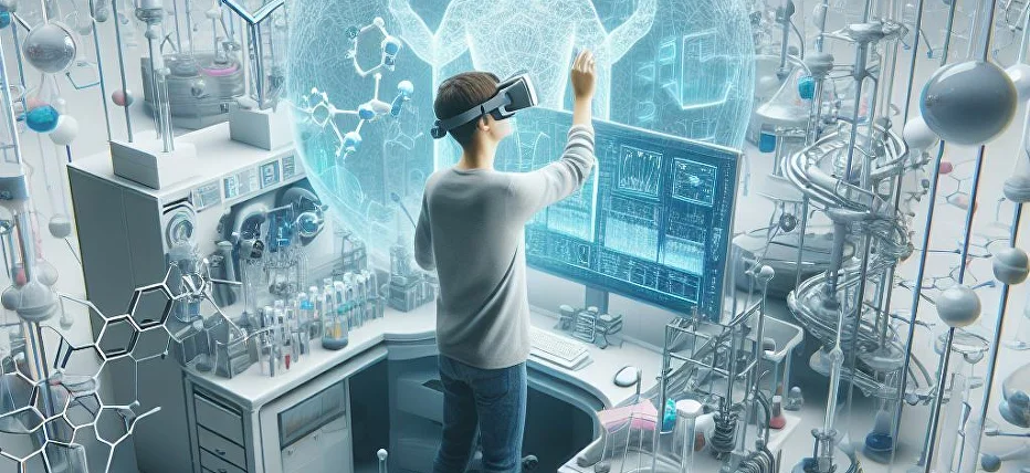 Молодой человек в очках VR виртуальной реальности погружается в воздушную лабораторию. Он экспериментирует и исследует, создавая новые препараты, включая антидепрессанты. Это новый способ обучения и исследования, открывающий новые возможности для науки и медицины. Это виртуальная реальность на службе науки. Это будущее образования и исследований. Это место, где мечты становятся реальностью.
