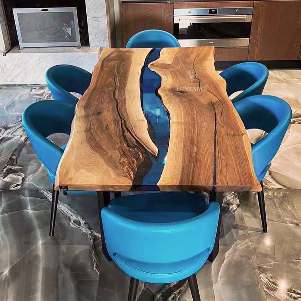 Table Boston made of solid walnut and brilliant blue transparent resin