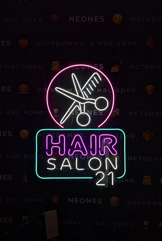 Неоновая вывеска «Hair Salon 21» (салон красоты) — работа NEONES